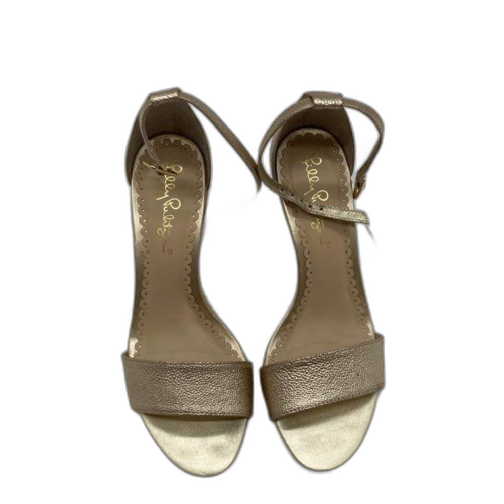 Lilly Pulitzer Gold Metallic Low Wedge Strappy Sandals 6.5 in box